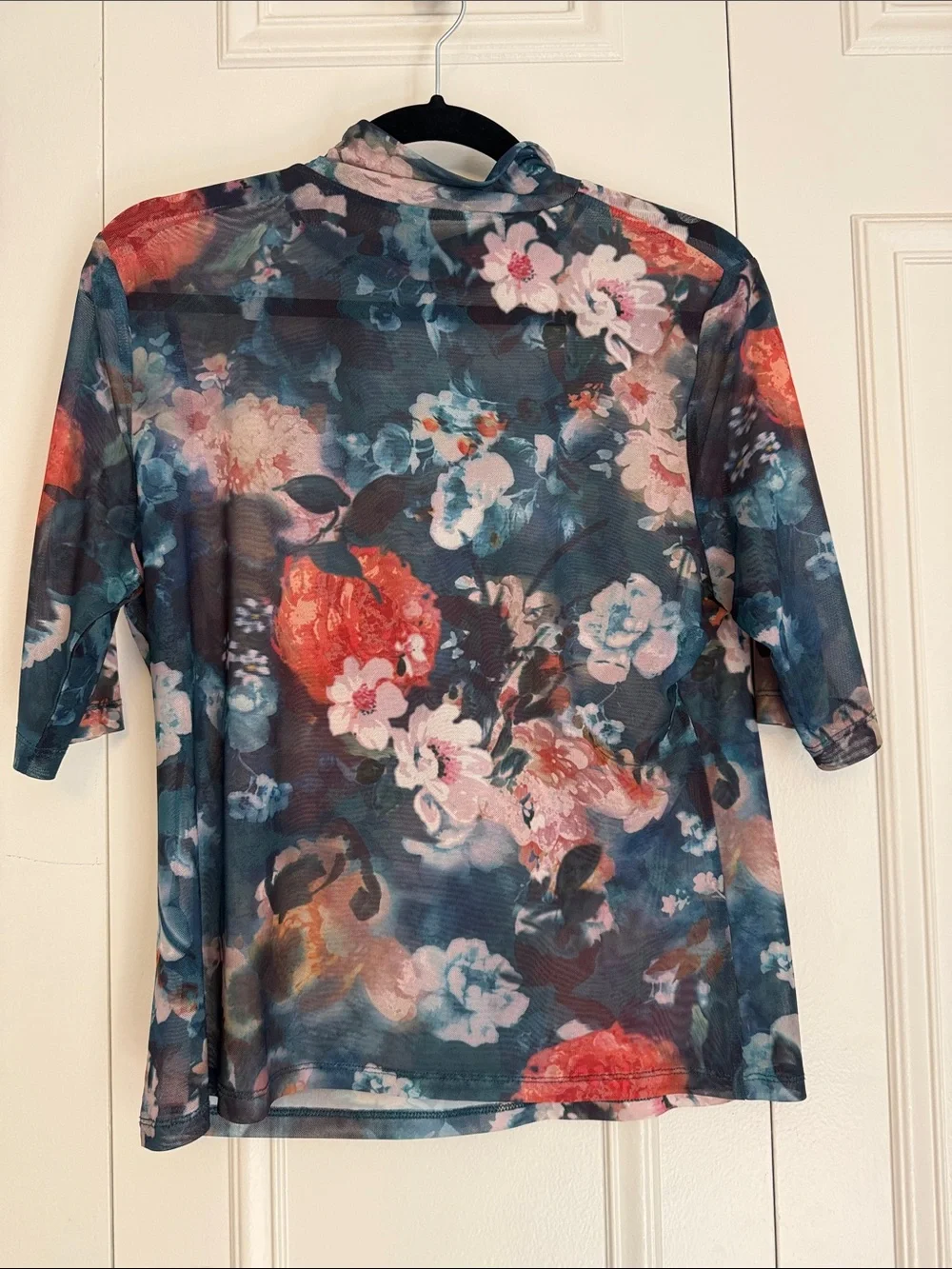 Anthropologie Navy Floral Sheer Mock Neck Tee with Coral Blooms - Picture 5 of 5
